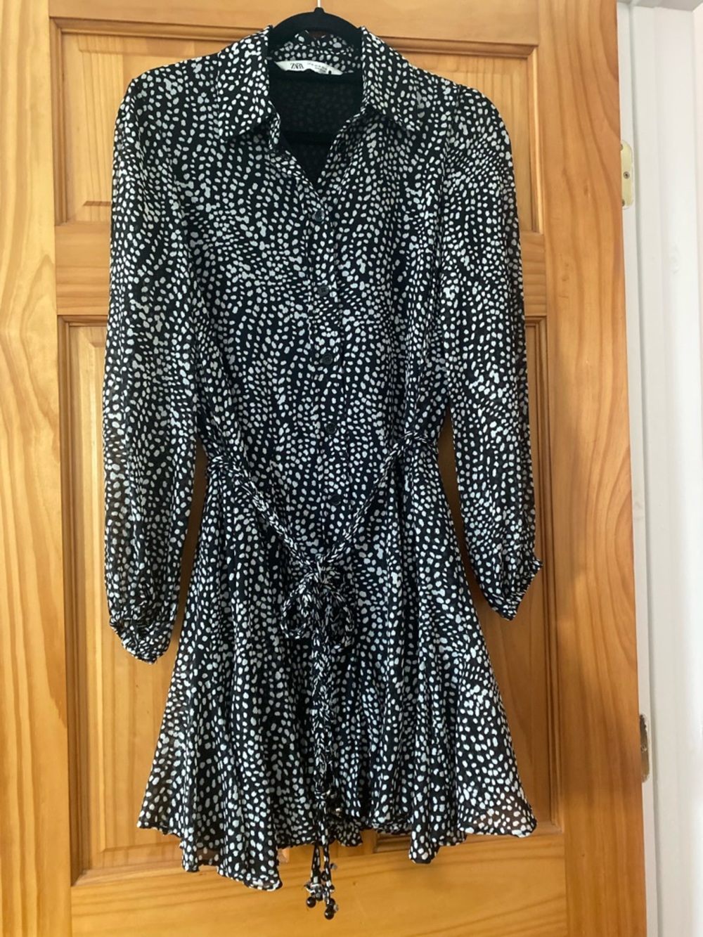 Zara Black White Polka Dot Mini Dress Tie Waist Button Front Flowy XS
